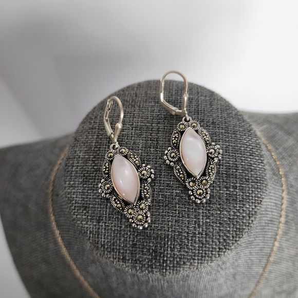 Sterling Silver Mother of Pearl Marcasite Earrings Drop Dangle - Picture 7 of 8